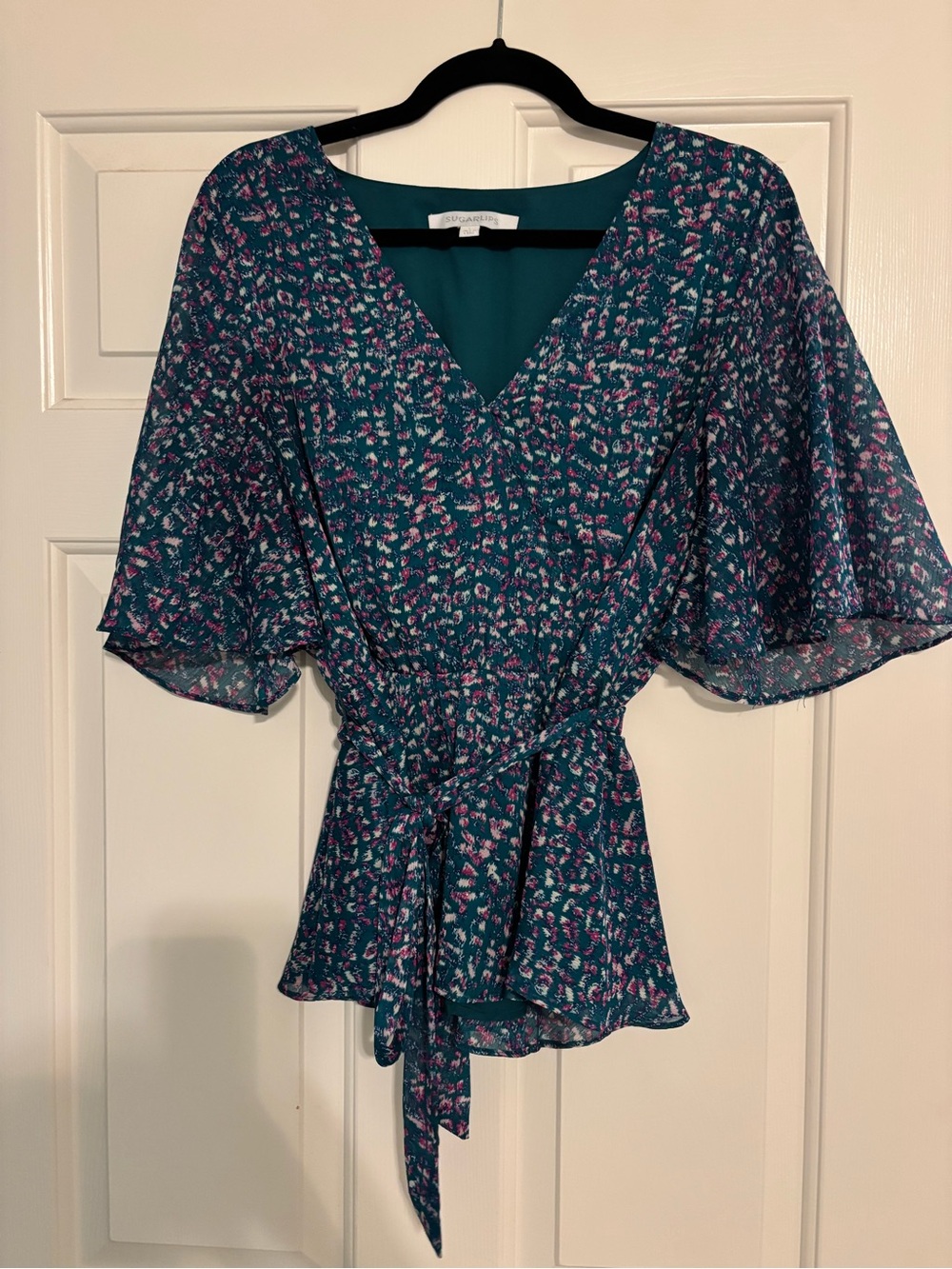 Sugarlips Teal Floral Tie-Waist Blouse